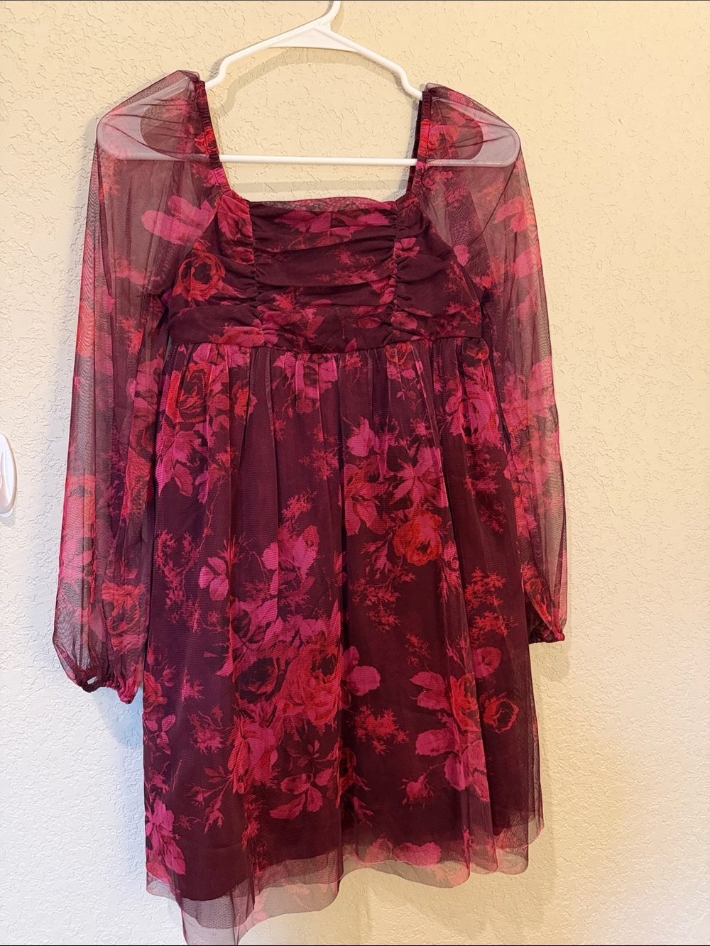 Girls' Burgundy Floral Mesh Dress